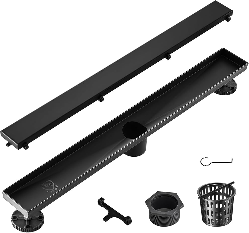 VEVOR 610mm Linear Shower Floor Drain Offset Tile Insert Black 304 Stainless
