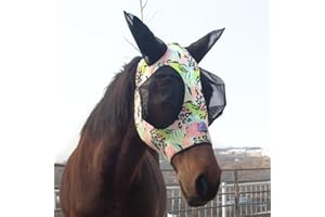 Horzmetnex Stretchy Horse Fly Mask with Extra-Large Eyes & Mane Opening – Soft, Breathable Fly Mask for Horses, Tangle-Free Design, Enhanced Visibility (Pink and Blue Stripes, Full (Large))