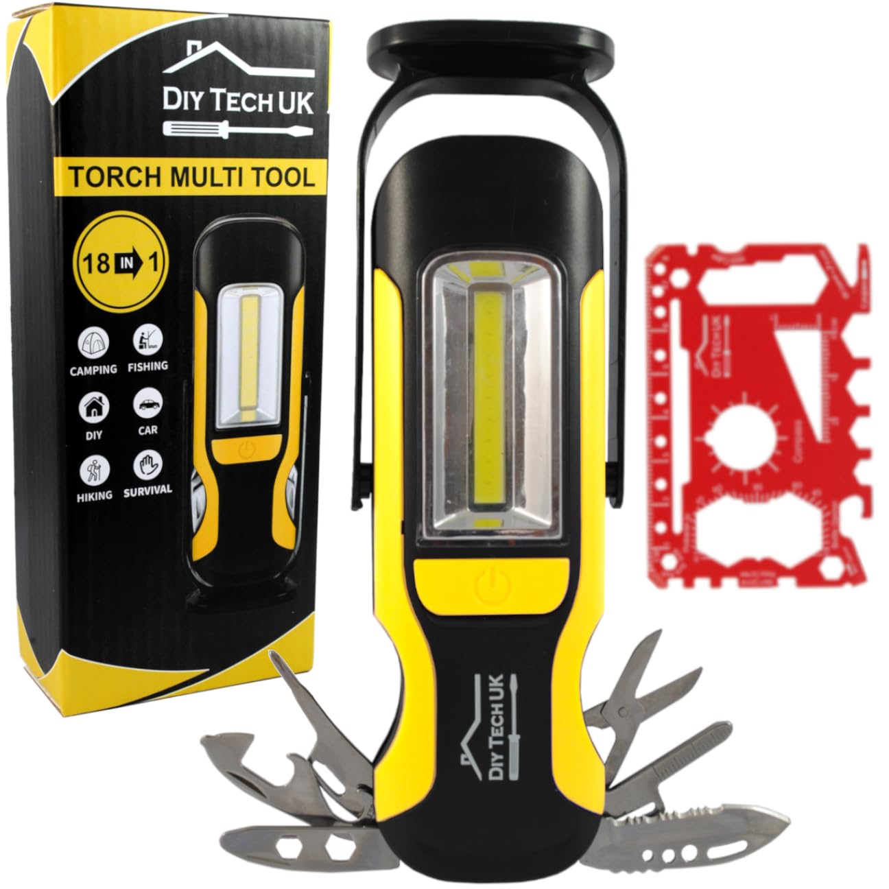 DIY TECH UK - 18 in 1 Torch Multi Tool Gifts for Men + Free 48 in 1 Wallet Tool - 300 Meter Beam - Gift for Him Husband - Boyfriends Valentines Day Ideas Father s Day Her Adult Camping DIY - Yellow