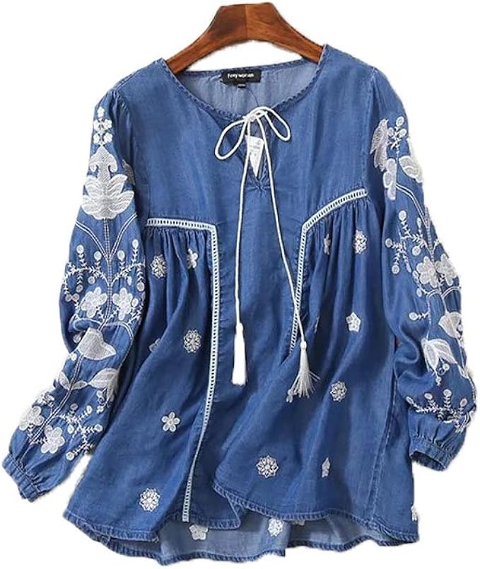 Amazon 刺繍ブラウス 春 デニムシャツ 花柄シャツ レディース