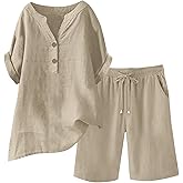 JIEMUXIU Linen Sets for Women 2 Piece Button Short Sleeve Tops with Wide Leg Shorts Summer Casual Linen Sets Beach Outfits