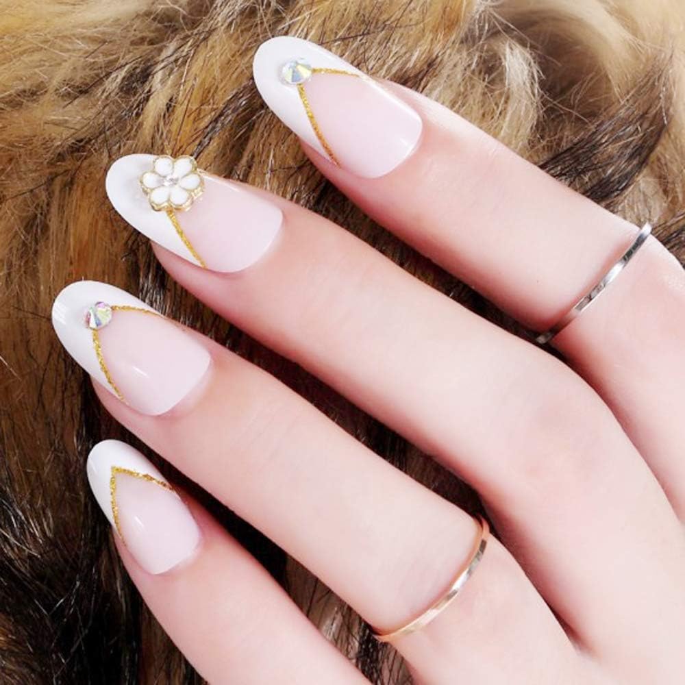 Aegenacess 24Pcs False Nails Medium Oval Fake Design Pink Flower White Shiny Press On Gel Nail Acrylic Artificial Manicure Tips French With Two Double Sided Stickers for Women and Girls