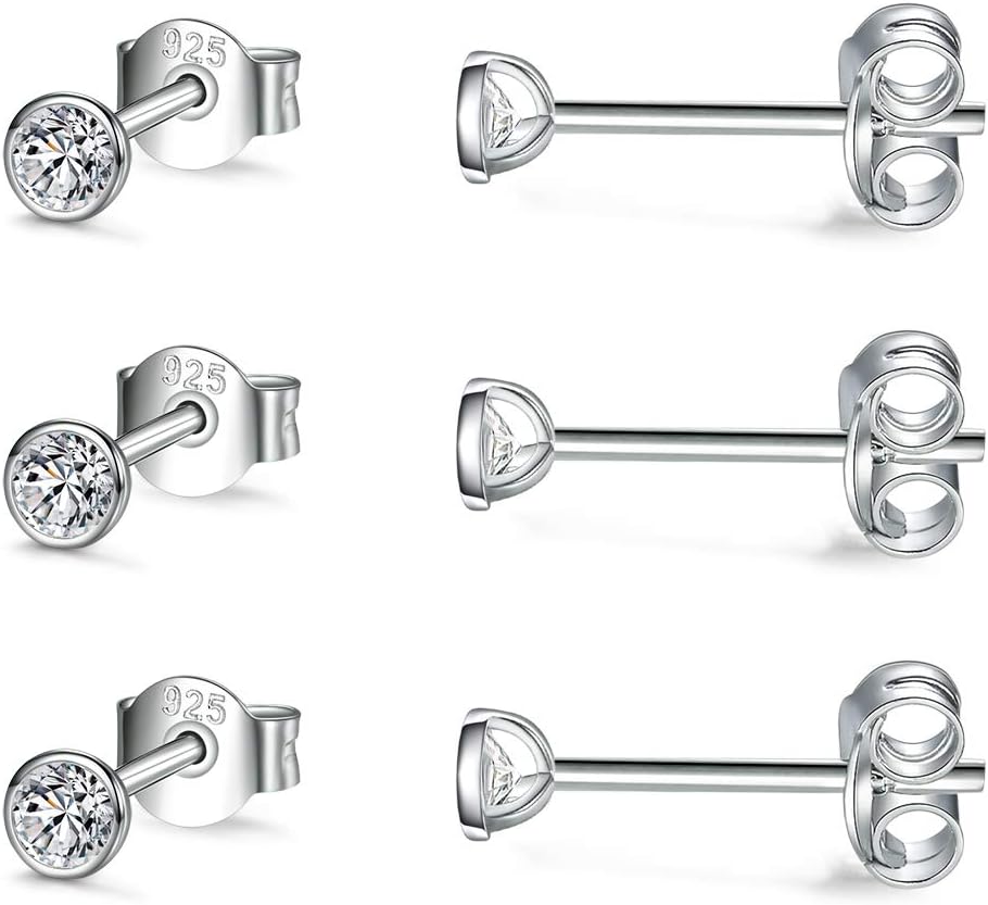 Silver Stud Earrings for Women Men Girls, 3 Pairs Sterling Silver Tiny Round Stud Earrings Small Dainty Cartilage Tragus Cubic Zirconia Earrings Set (2/3/4mm, Silver/Gold/Rose Gold)