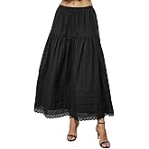 BEAUTELICATE Women's Long White Cotton A-Line Lace Trim Pintuck Tier Skirt