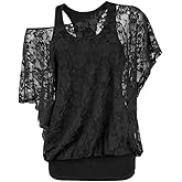 ROSE GAL Women Plus Size Skew Neck Sheer Lace Blouse and Racerback Tank Top Casual Crew Neck T-Shirt Summer Tops