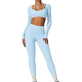 OMEWEE Workout sets for women 2 piece Long Sleeve Yoga Crop Top and High waist Leggings Athletic Gym Sets With pocket