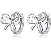 Reffeer Solid 925 Sterling Silver Bow Hoop Earrings Ribbon for Women Girls Bowknot Hoop Earrings Huggie