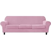 CONRUSER Stretch Sofa Slipcover, Soft Velvet Sofa Covers for 3 Cushion Couch Thick Furniture Protector for Pets &amp; Kids (Pink, L)