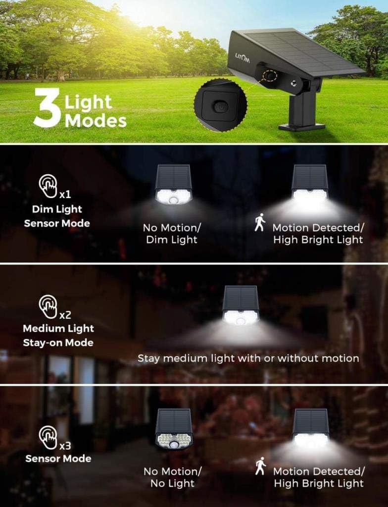 LITOM 30 LEDs Solar Motion Sensor Landscape Spotlights, IP67 Waterproof Outdoor Solar Powered Security Wall Light 3 Modes Solar Landscaping Lighting for Yard Garden Garage Pool Patio 2 Pack Cold White - - 