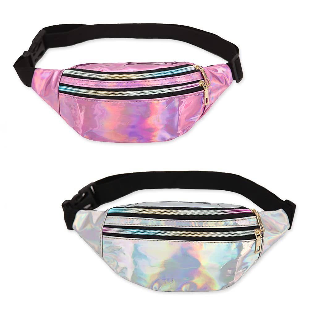 2 Pieces Shiny Neon Fanny Pack, bumbags for Ladies, Waist Bum Bag with Holographic Belt Bags, Shiny Waist Bag for Travel, Sport (Silver, Purple)