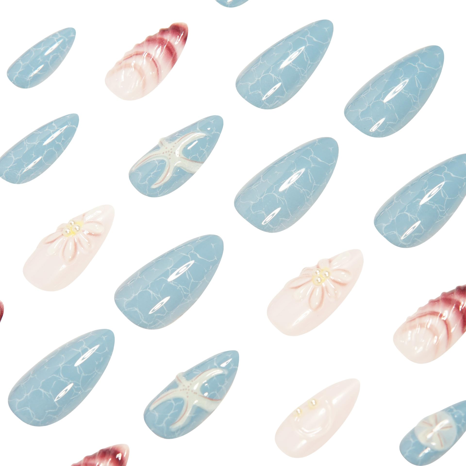 IMRAIN Almond Press on Nails Medium Fake Nails with Shell Design 3D Sea Star Blue False Nails Glossy Full Cover Acrylic Spring Summer Glue Stick on Nails for Women Girls DIY Manicure 24Pcs - Image 4