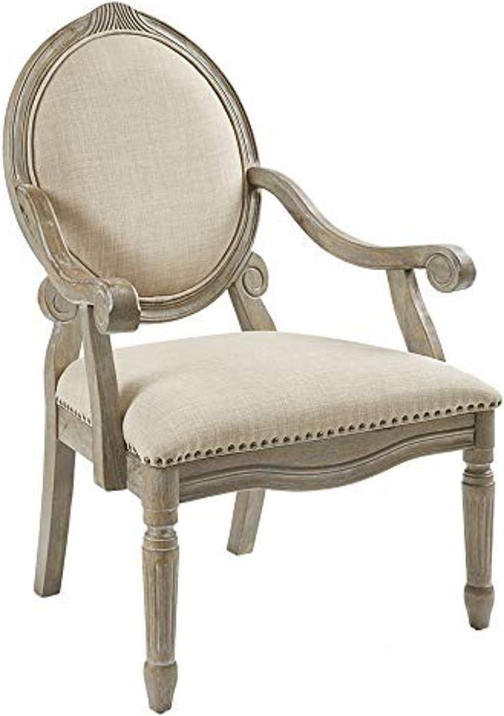 Madison Park Brentwood Accent Chairs-Birch Hardwood, Hand Carved Scroll Design Living Armchair Modern Classic Style Family Room Sofa Furniture Bedroom Lounge, Medium, Beige