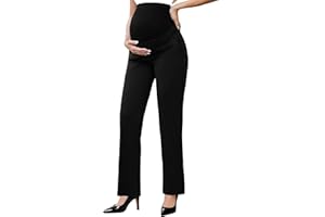 Ecavus Maternity Pants Over The Belly Seamless Stretch Work Pants Dual Length Pregnancy Office Dress Pants with Pockets