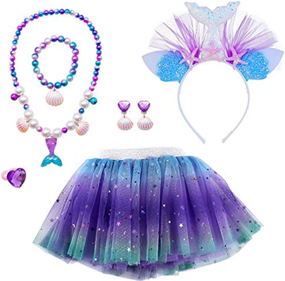 MMTX Tutu Skirt Costume Gift Set for Girls Fancy Dress Up Mermaid Cosplay Party Dance Skirt with 6 pieces Mermaid Jewelry Gift Mermaid Headband,Necklace,Bracelet,Ring,Earring for 3-8 Years Girls