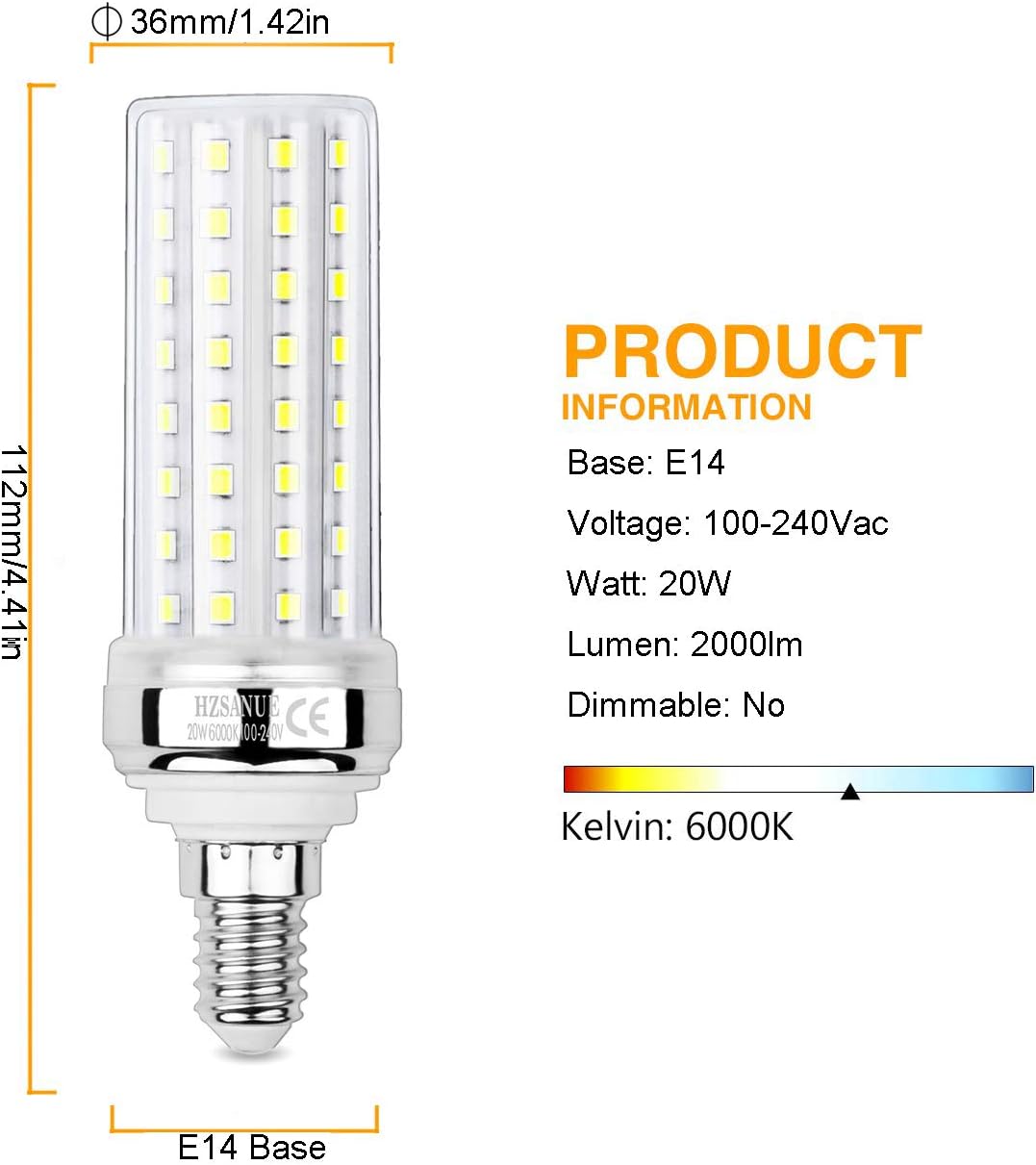 HZSANUE LED Corn Bulbs 20W, 150W Incandescent Bulbs Equivalent, 2300Lm, 6000K Daylight White, E14 Small Edison Screw, Pack of 3 - Image 3