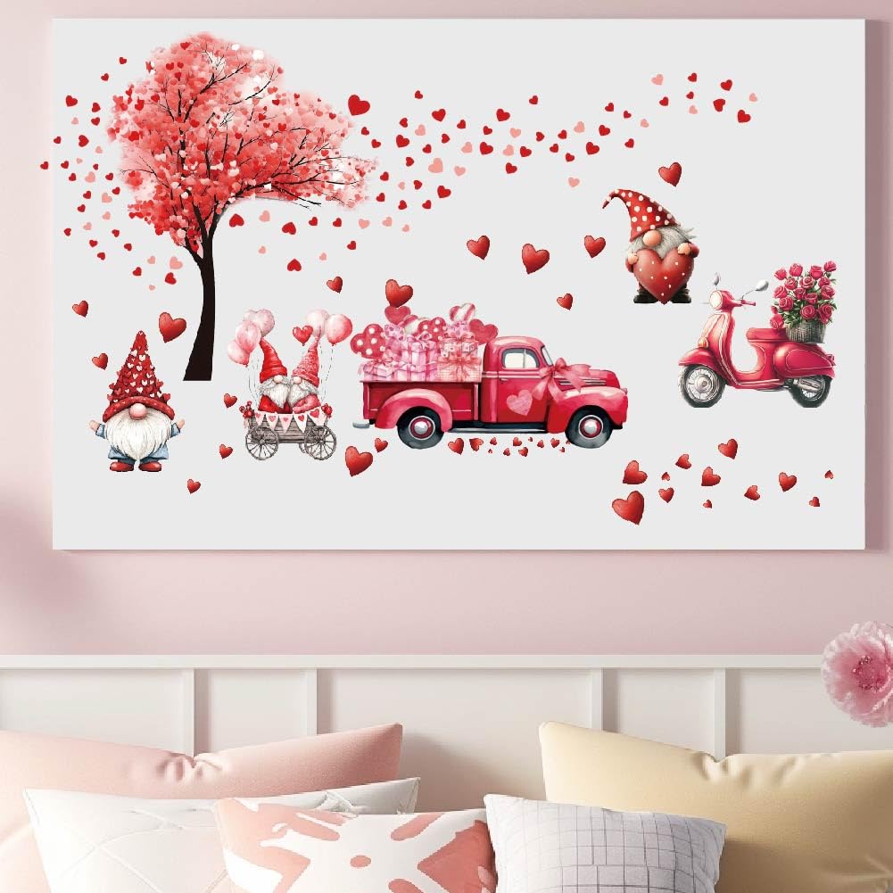 SUPERDANT Valentine's Day Wall Stickers Heart Shape Tree Wall Art Stickers Gnome Cupid Wall Decals Truck Gift Sticekrs for Valentine's Day Anniversary Wedding Bedroom Living Room Wall Decor
