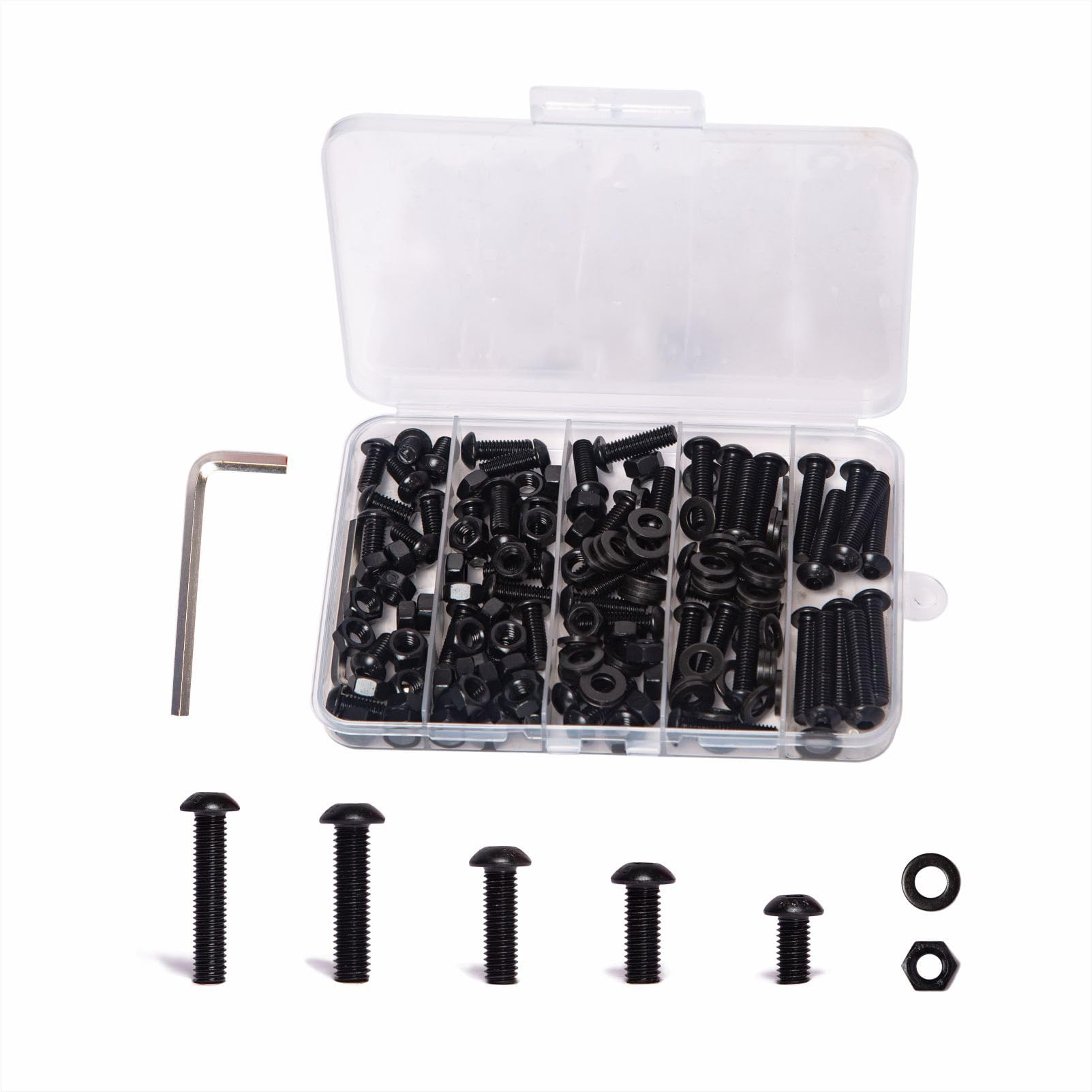 Photo 1 of ***qty. not confirmed, items loose in packaging ***Mariyandh 150PCS M6 x 12/16/20/25/30mm Button Head Hex Socket Cap Screws Bolts Nuts Washer Assortment Kit, 10.9 Grade Alloy Steel Black Oxide, Metric Bolts and Nuts Assortment,Fully Threaded