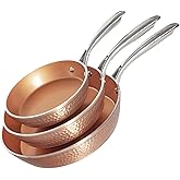Gotham Steel Hammered Frying Pan Set, 3 Piece Nonstick Copper Fry Pans, 8”, 10” & 12” Skillet, Omelet Pan, Cookware, PFOA Free, Dishwasher Safe, Cool Touch Handle