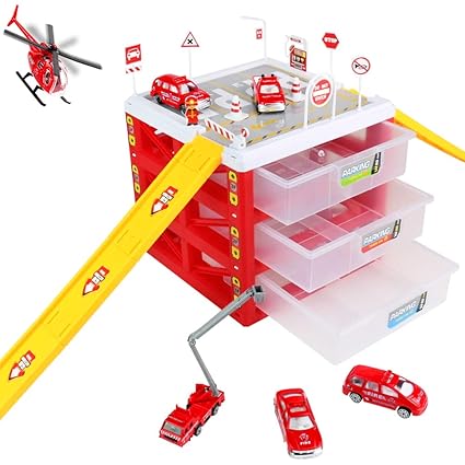 jerryvon Parkgarage Kinder Parkhaus mit 4 Mini Feuerwehrauto 1 Feuerwehr Helikopter Garage Spielzeug Auto Track Geschenke für