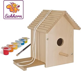 Eichhorn 100004581 Outdoor-100004581-Vogelhaus aus Holz, zum Zusammenbauen und Bemalen, inkl. Pinsel und Farben, 14x14x24cm Lindenholz, DIY, Bunt