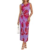 ZESICA Women's 2026 Summer Floral Bodycon Midi Dress Sleeveless Crewneck Mesh Ruched Wedding Guest Party Long Dresses