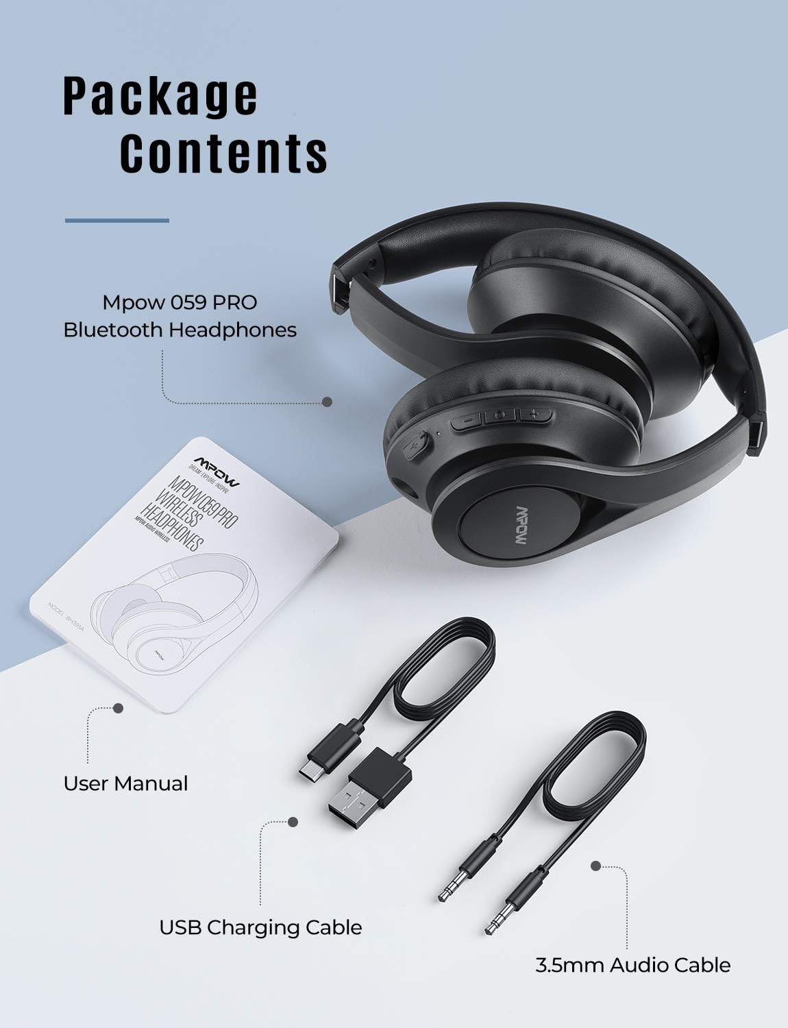 Mpow 059 Pro Bluetooth Headphones Over Ear, 60Hrs Playtime, Wireless Bluetooth 5.0 Headphones with Hi-Fi Stereo Sound, Protein Earpads Headset w/Mic for Kids, Adults, Travel, Office, Online Class