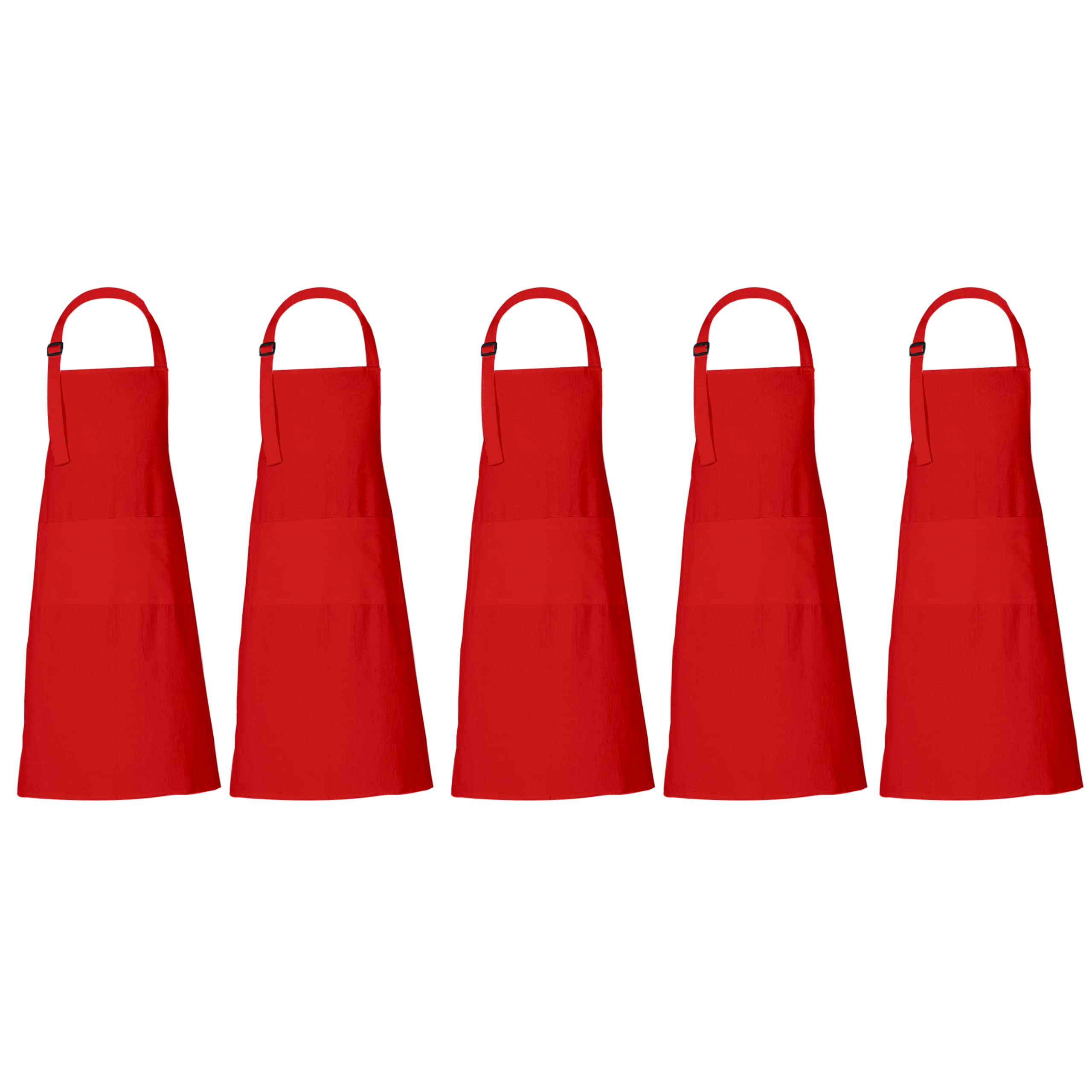 RAJRANG Red Cotton Chef Aprons for Men & Women – 35x27 Inch Cooking Aprons with Adjustable Neck Strap & 3 Pockets – Unisex Kitchen Apron, Pack of 5