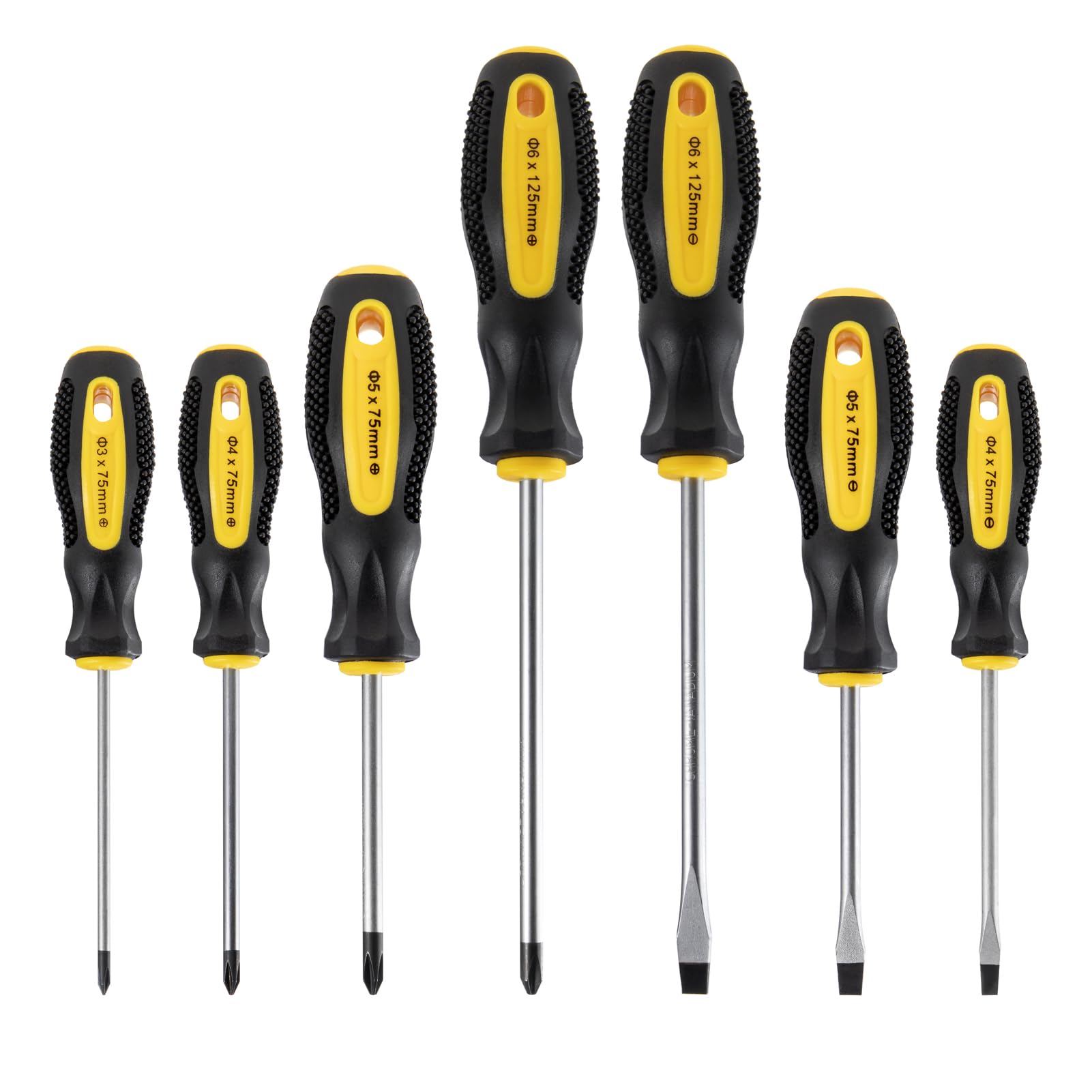 HPMAISON 7pcs Screwdriver Set, Chrome Vanadium Steel Magnetic Screwdriver with 3 Flat Head (4x75mm/5x75mm/6x125mm) & 4 Cross Head (3x75mm/4x75mm/5x75mm/6x125mm), Heavy Duty Screwdriver Tools