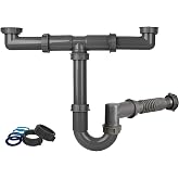 COLDDD 1-1/2 Inch Double Bowl Kitchen Sink Drain Kit with Flexible P-Trap | Fits 15-24 Inch Spacing, Wall or Floor Outlets, Heat-Resistant PP, Tool-Free Setup, Leakproof Gaskets, Three Elbows