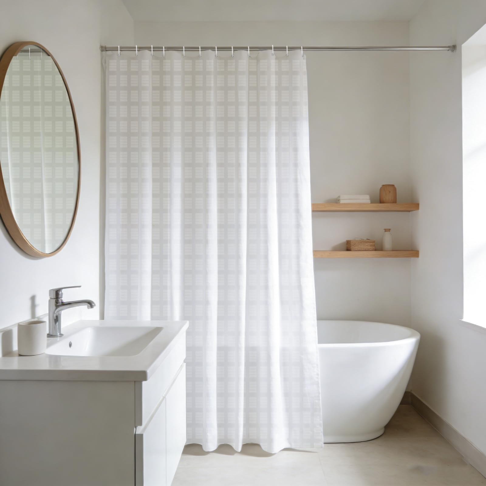 YISURE Extra Long White Jacquard Shower Curtain 180x240cm, Waterproof Fabric with Hooks 71"x94" — image 1