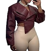 Molilove Crop Leather Jacket Women Faux Leather Long Sleeve Lapel Neck Button Down PU Coats Fall Going Out Jackets