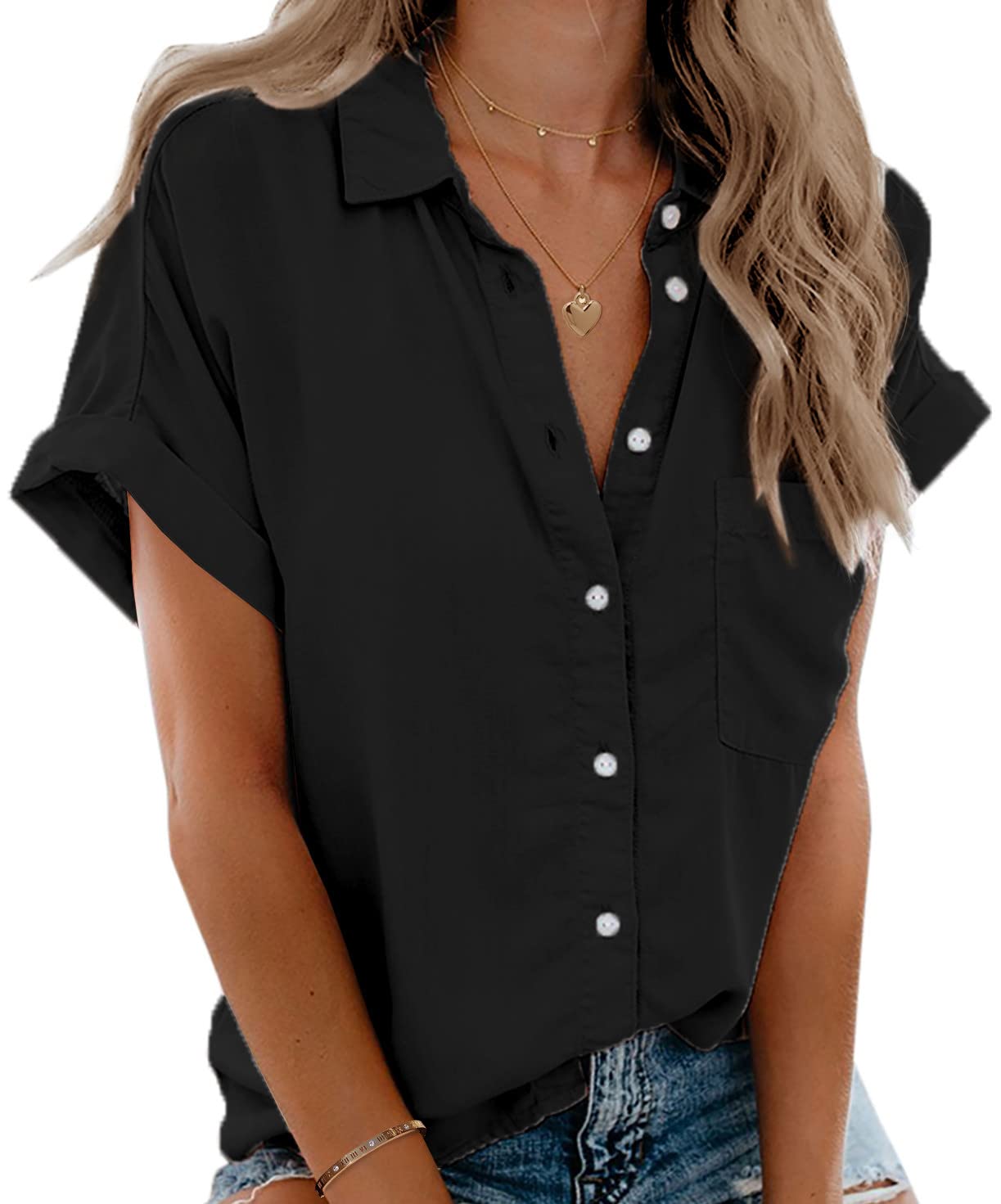Beautife Womens Short Sleeve Shirts V Neck Collared Button Down Shirt ...
