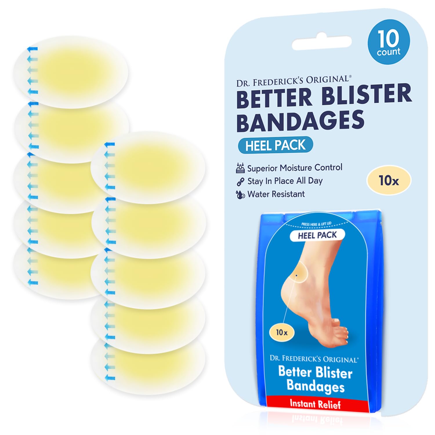Dr. Frederick's Original Better Blister Bandages - 10 ct - Water-Resistant - 40% More Cushioning - Hydrocolloid Pads for Foot & Heel Protection & Recovery - Blister Relief Pads - Heel Pack