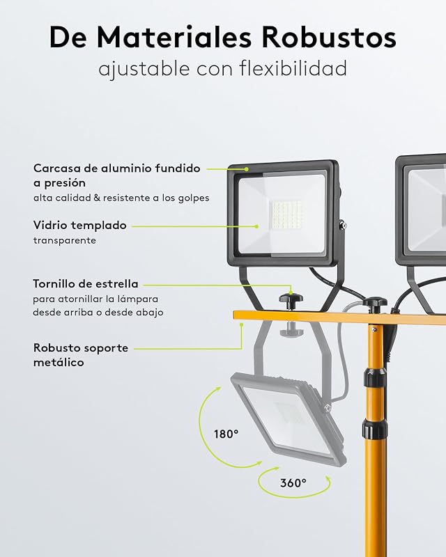Holofote LED para Construção 49984 - Holofote telescópico de construção (cabeça dupla, para uso interior e exterior, tripé metálico, luz branca fria), preto, amarelo, 2x 50 watts