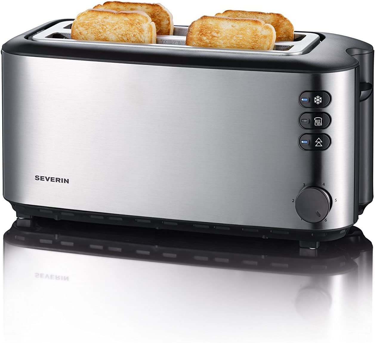 Severin Doppel-Langschlitztoaster mit eingebautem Brötchen-Aufsatz, für 4 Brotscheiben, Brotscheibenzentrierung, Aufwärm- und Defroster-Stufe, Edelstahl gebürstet, schwarz, 1.400 W, AT 2509