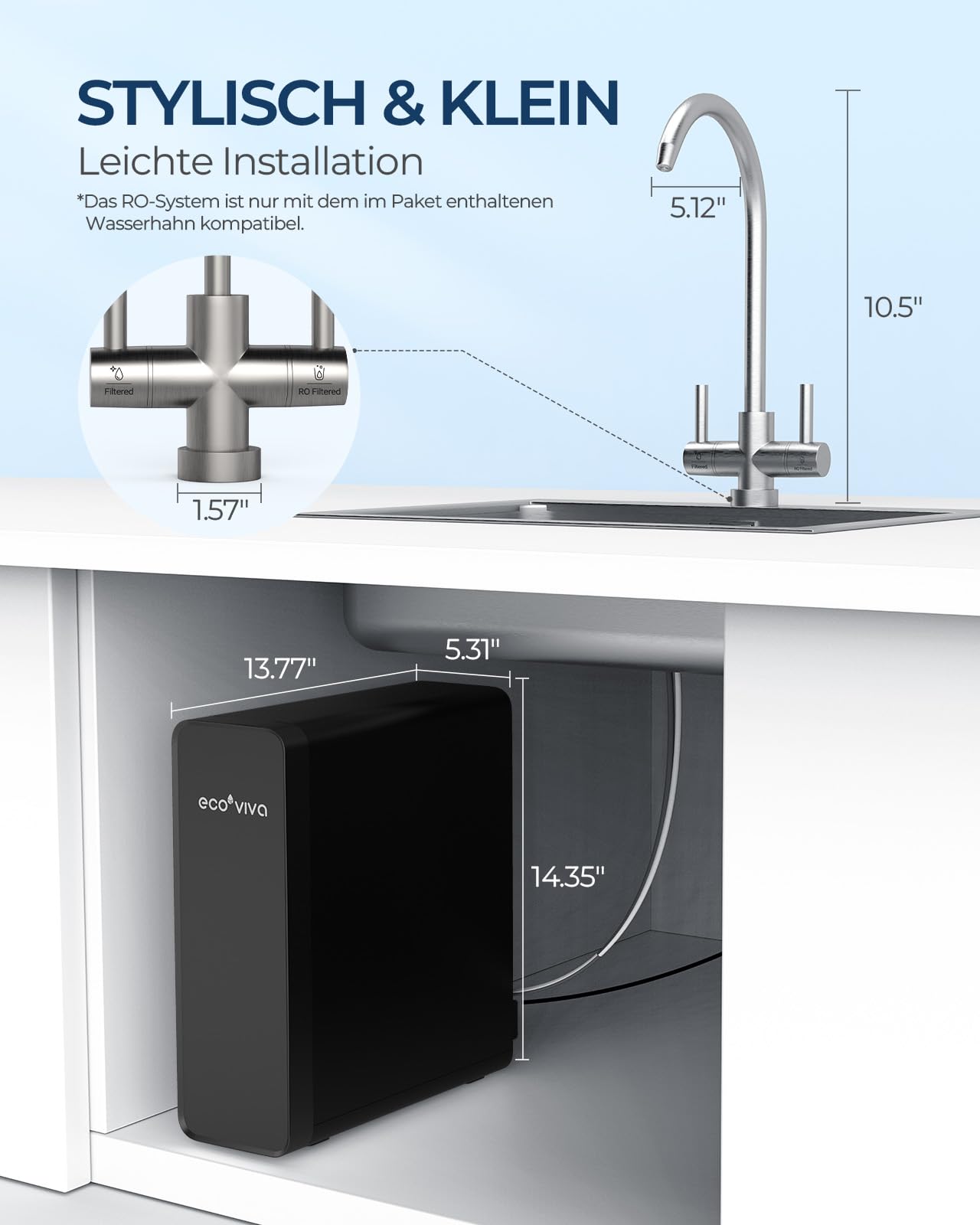 Ecoviva Untertisch Osmoseanlage, Trinkwasser Umkehrosmoseanlage mit 8-stufige Filtration, 600 GPD, Hochleistungs-Osmoseanlage mit 2.5:1 Rein zu Abfluss, Einfache Installation, Schwarz