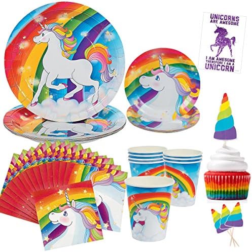 Unicorn Party Supplies Bundle - Set of 8 - Plates, Cups, Napkins, Cupcake Picks, Sticker