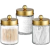 Apothecary Jar Canisters Bathroom Vanity Organizer - Qtip Holder Storage Organizer Countertop -Stainless Steel Lids &Cute Stickers for Qtips,Cotton Swabs,Makeup Sponges,Floss(3 Pack) (Gold)