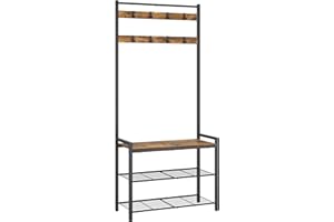 YATINEY Hall Tree, Coat Rack with Shoe Bench, Entryway Bench with Shoe Storage, Multifunctional Entryway Storage Organizer, Metal Frame and 8 Movable Hooks, for Hallway, Rustic Brown MT01BR