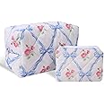 LYDZTION 2Pcs Cute makeup bag Quilted Makeup Bag for Women,Coquette Bow Makeup Bag Cotton Makeup Bag with Purse Pouch Aesthetic Stuff Travel Essentials Storage Bag for Lipstick Brushes,Blue