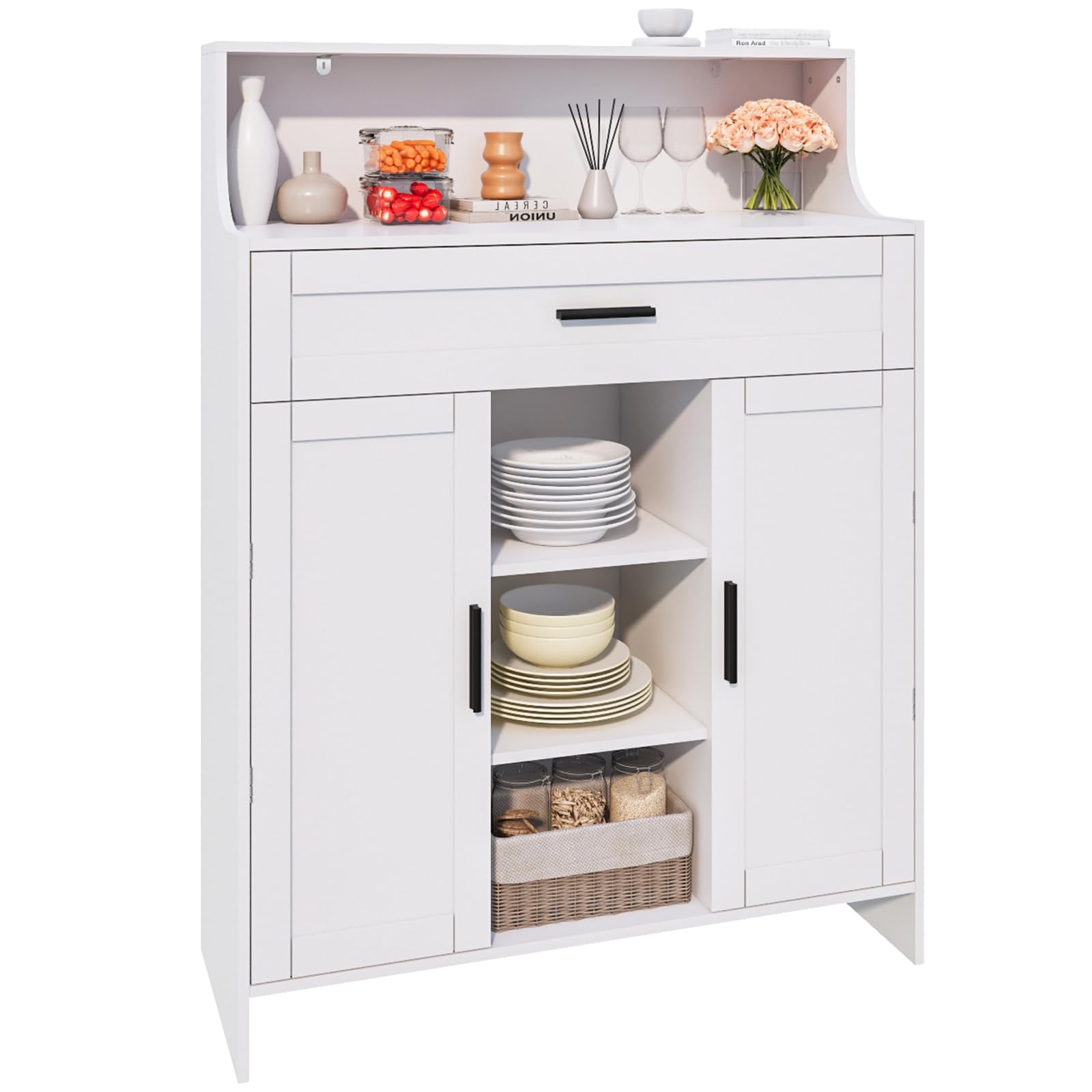 Photo 1 of **MISSING HARDWARE**Viaozutis Storage Cabinet with Doors and Drawers, Kitchen Storage Cabinet with 1 Large Drawer,2 Doors,and 2 Adjustable Shelves,for Bathroom/Kitchen/Living Room/Entrance Hall (White)