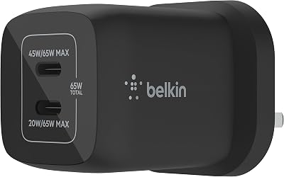 Belkin 65W Dual USB C GaN Fast Wall Charger PD 3.0 iPhone iPad MacBook Samsung