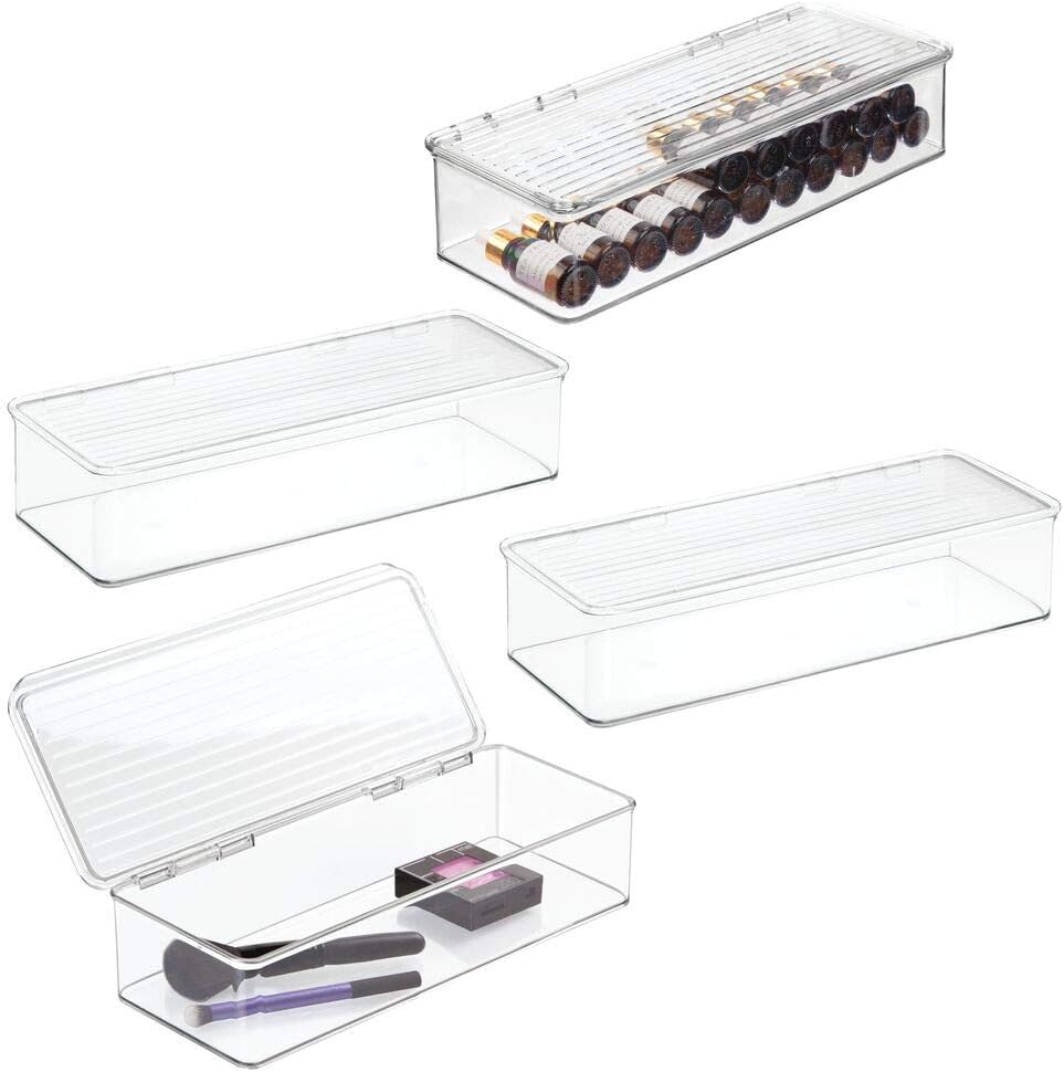 mDesign Large Makeup Storage Organizer Box for Bathroom Vanity, Countertops, Drawers - Holds Blenders, Eyeshadow Palettes, Lipstick, Lip Gloss, Makeup Brushes - Hinged Lid - 4 Pack - Clear