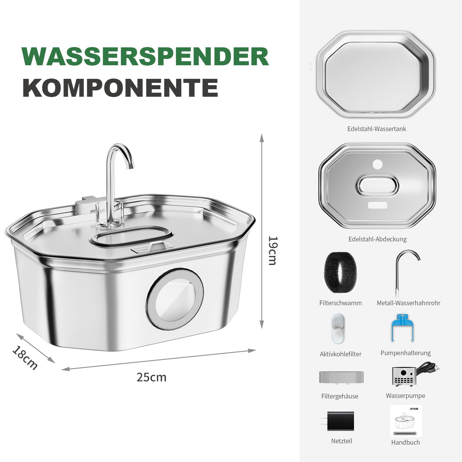 Apauk Katzenbrunnen, Trinkbrunnen für Katze, Trinkbrunnen Edelstahl, Ultraleiser Trinkbrunnen für Katze und kleine Hunde,mit LED-Fenster, S -3.2L Große Kapazität (A-2 Filter & 2 Schwämme) 8