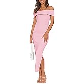 MEROKEETY Women's 2025 Off Shoulder Bodycon Midi Dress Summer Spring Formal Elegant Knit Sweater Dresses