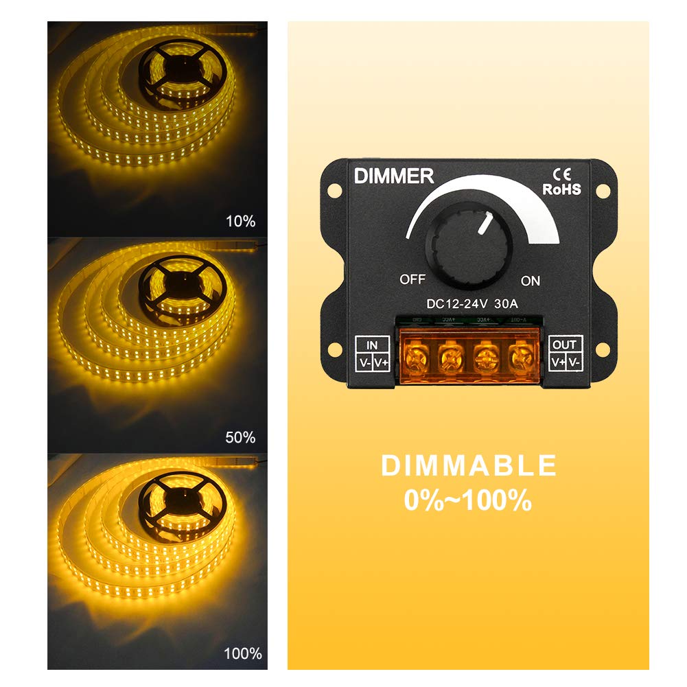 BeaBuy Upgraded LED Strip PWM Dimmer DC 12V-24V 30A Dimming Controller Adjust Brightness Switch + 5M 22AWG Extension Cable + DC Power 12V Male Female Connector for 2835 3528 5050 5630 Single Color: Industrial & Scientific