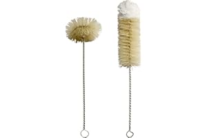 Coralpearl Bottle Brushes Thin Long Handle X 2, Skinny Wire Cleaner Set in Stainless Steel with Natural Boar Bristle at Wool 