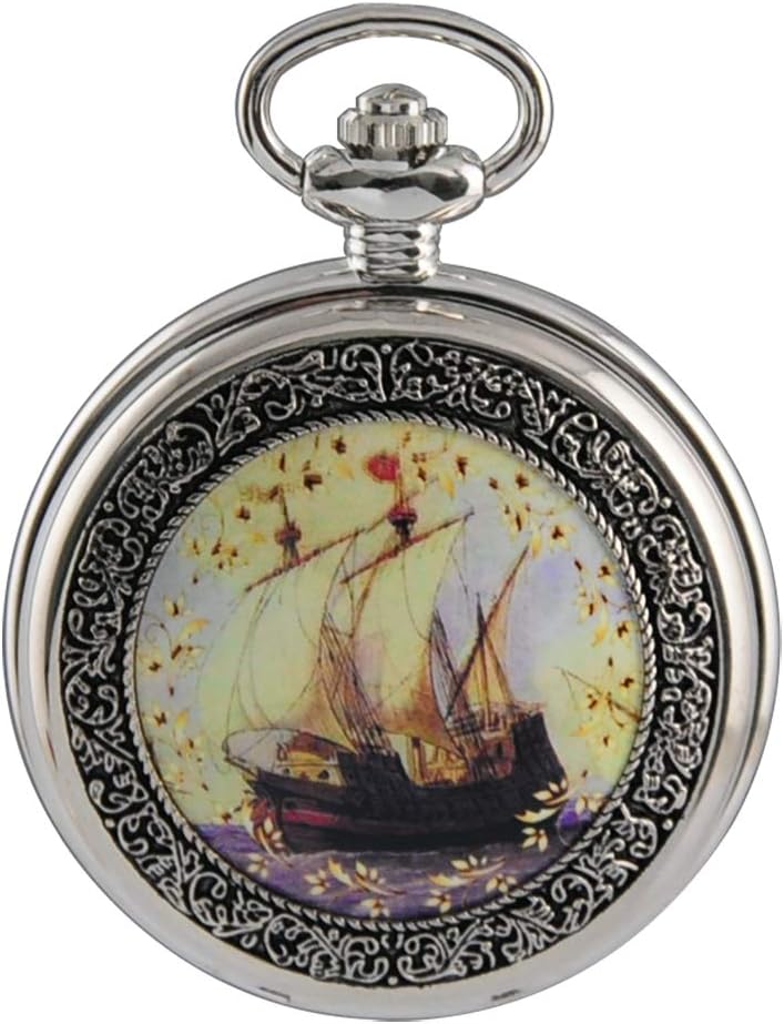 Men's Vintage Pocket Watch Boat Quartz Enamel Painting Steampunk in Box