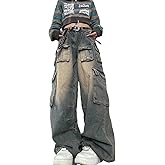 Ethbox Multi Pocket Retro Work Jeans Women's High Waist Loose Y2K Casual Jeans Gothic Wide Leg Pants