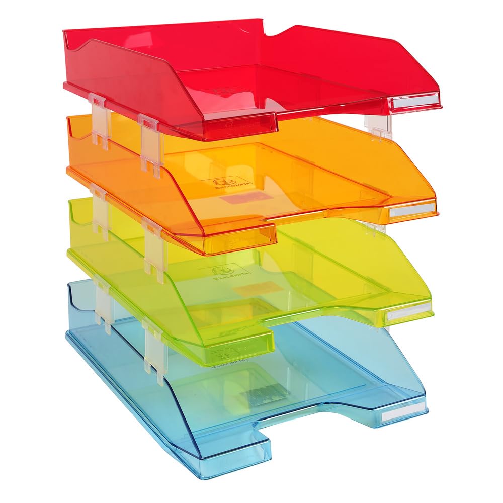 Exacompta - Ref 113299SETD - Linicolor Stackable Letter Tray Combo Midi (Set of 4) - 347 x 255 x 244mm, Suitable for A4+ Documents, 12 Spacers Included - Assorted Colours